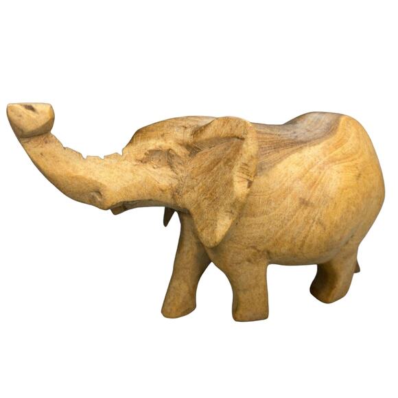 Vintage Wood Elephant Hand Carved Trunk Up Artisan Made Primitive Art 6 x 3" - Picture 2 of 9